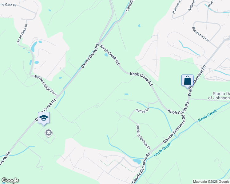 map of restaurants, bars, coffee shops, grocery stores, and more near 131 Simmons Ridge in Johnson City