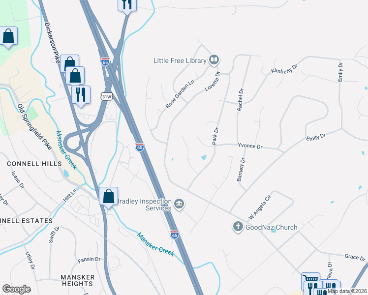 map of restaurants, bars, coffee shops, grocery stores, and more near 812 Lynn Drive in Goodlettsville