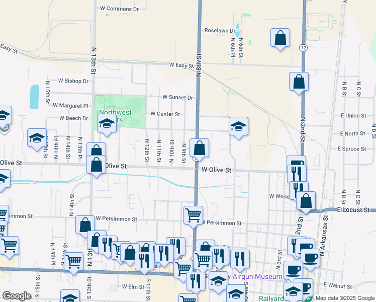 map of restaurants, bars, coffee shops, grocery stores, and more near 806 West Norwood Street in Rogers