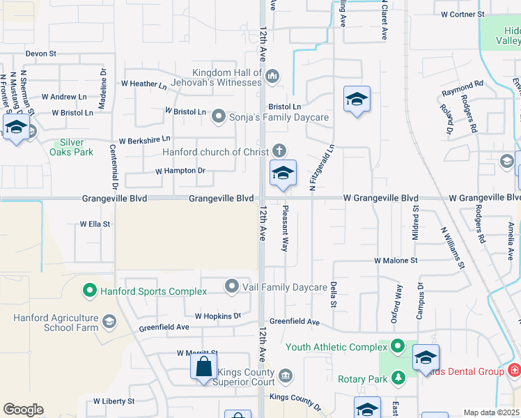 map of restaurants, bars, coffee shops, grocery stores, and more near 9028 12th Avenue in Hanford