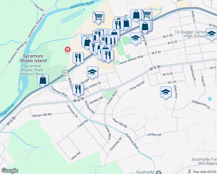 map of restaurants, bars, coffee shops, grocery stores, and more near 207 Donna Avenue in Elizabethton
