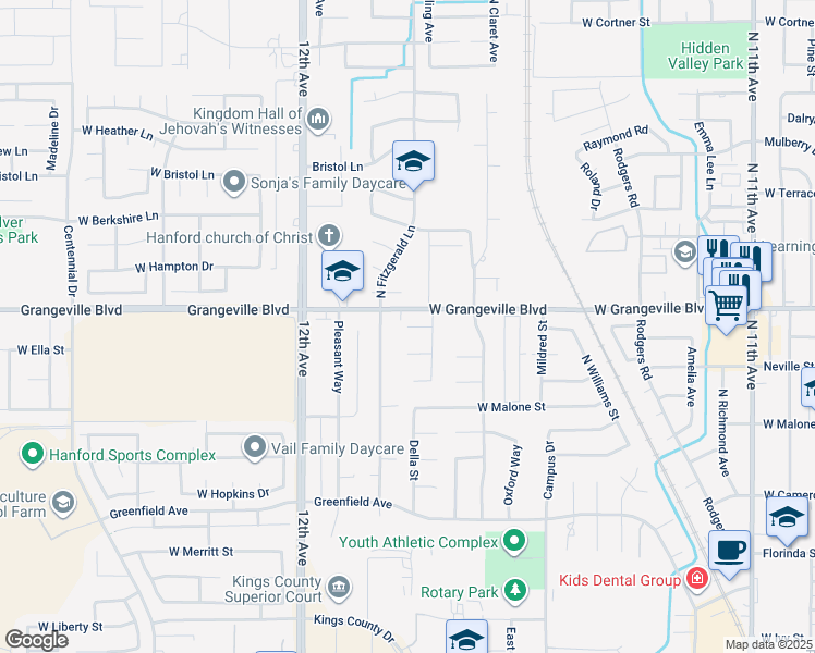 map of restaurants, bars, coffee shops, grocery stores, and more near 1435 Cambridge Court in Hanford
