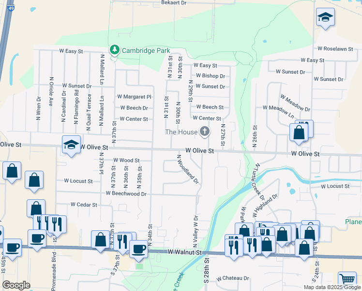 map of restaurants, bars, coffee shops, grocery stores, and more near 3009-3011 West Olive Street in Rogers