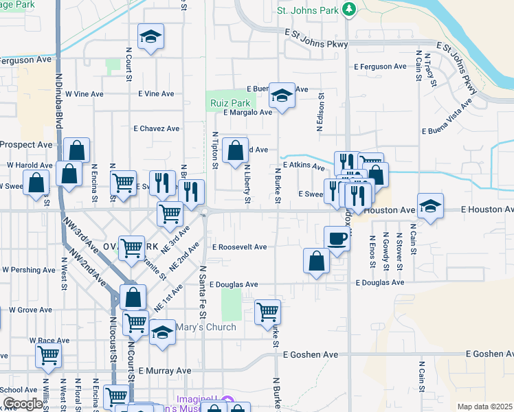 map of restaurants, bars, coffee shops, grocery stores, and more near 746 East Houston Avenue in Visalia