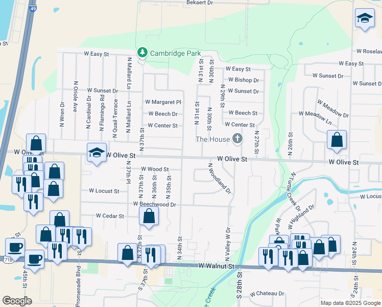 map of restaurants, bars, coffee shops, grocery stores, and more near 3105 West Olive Street in Rogers