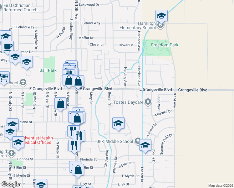 map of restaurants, bars, coffee shops, grocery stores, and more near 973 East Grangeville Boulevard in Hanford