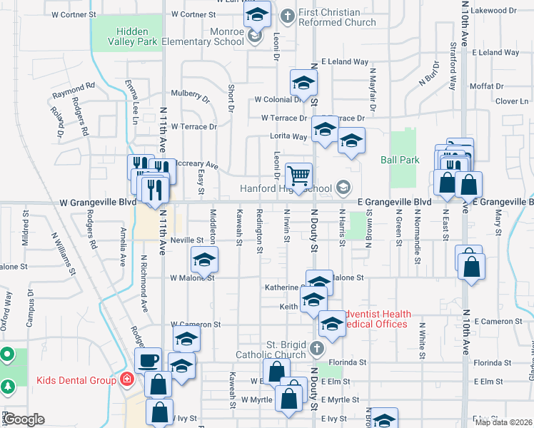 map of restaurants, bars, coffee shops, grocery stores, and more near 1607 North Redington Street in Hanford