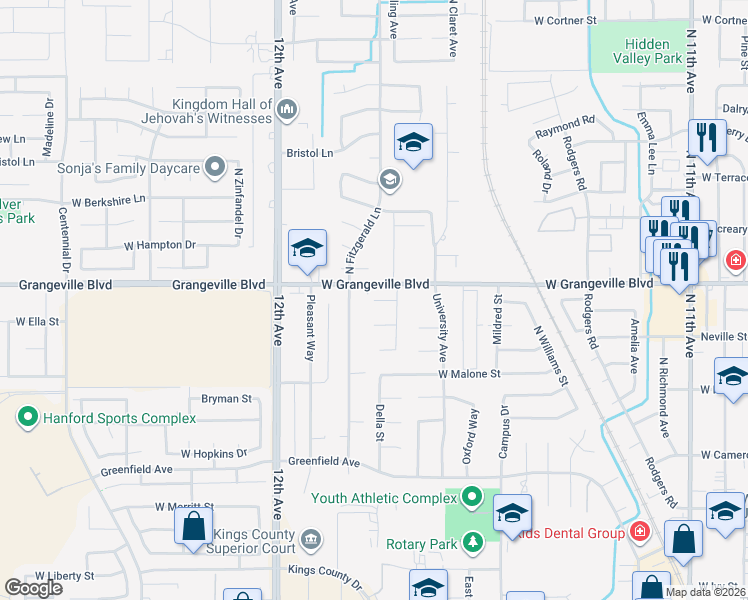 map of restaurants, bars, coffee shops, grocery stores, and more near 1435 Cambridge Court in Hanford