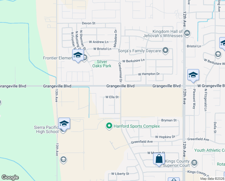 map of restaurants, bars, coffee shops, grocery stores, and more near 12597 Grangeville Boulevard in Hanford