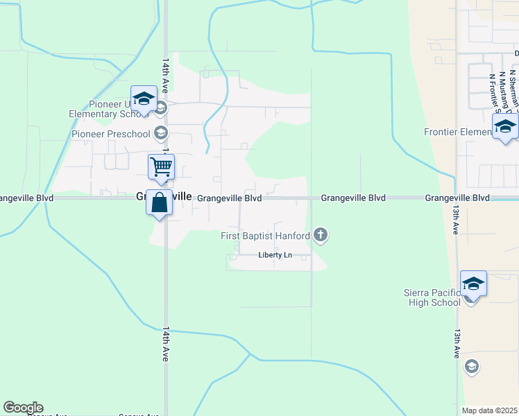 map of restaurants, bars, coffee shops, grocery stores, and more near 13659 Grangeville Boulevard in Hanford