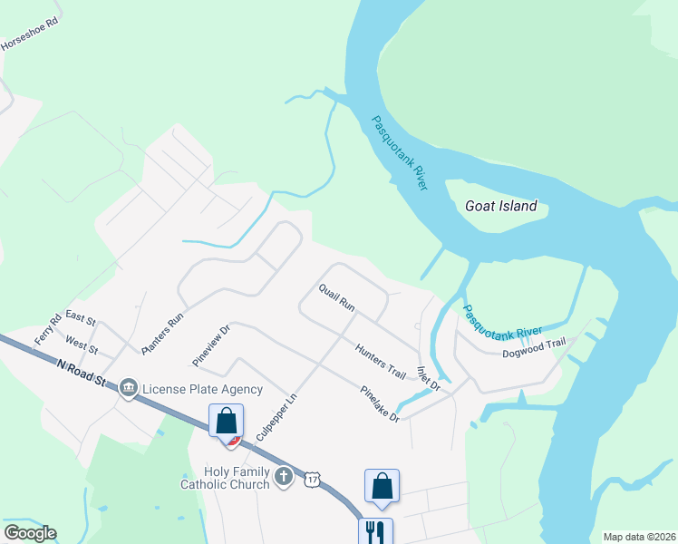 map of restaurants, bars, coffee shops, grocery stores, and more near 114 Hunters Trail West in Elizabeth City