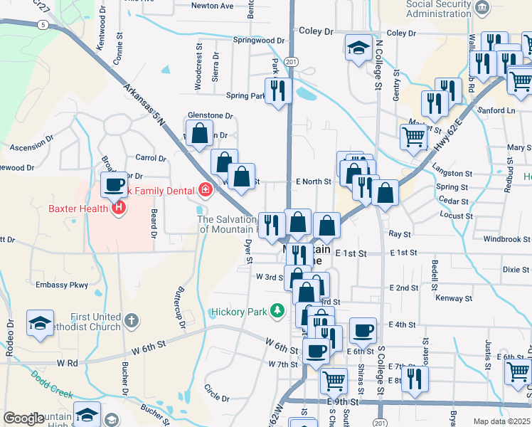 map of restaurants, bars, coffee shops, grocery stores, and more near 333 County Road 5 in Mountain Home