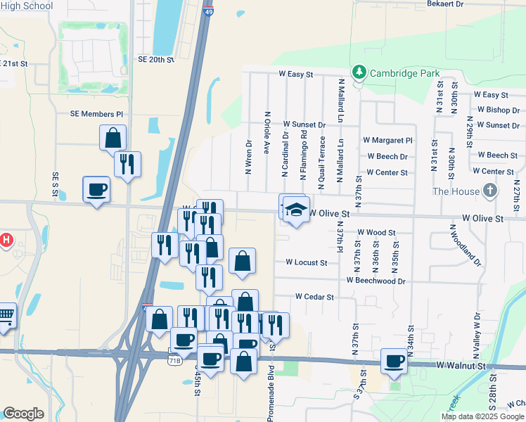 map of restaurants, bars, coffee shops, grocery stores, and more near 4007 West Olive Street in Rogers
