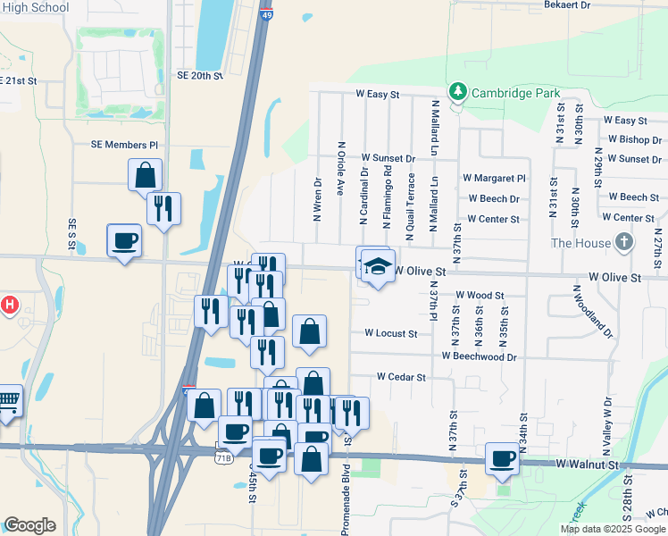 map of restaurants, bars, coffee shops, grocery stores, and more near 4007 West Olive Street in Rogers