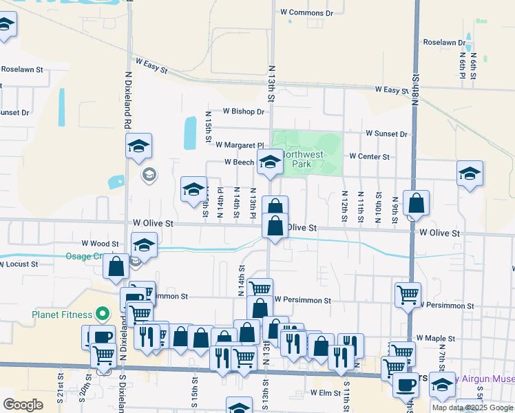 map of restaurants, bars, coffee shops, grocery stores, and more near 809 North 13th Place in Rogers