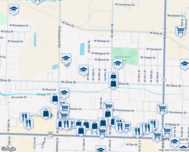 map of restaurants, bars, coffee shops, grocery stores, and more near 809 North 14th Place in Rogers