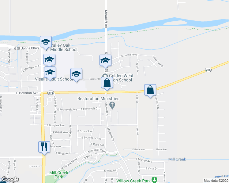 map of restaurants, bars, coffee shops, grocery stores, and more near Ivanhoe Drive in Visalia