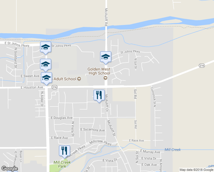 map of restaurants, bars, coffee shops, grocery stores, and more near 3700 East Houston Avenue in Visalia