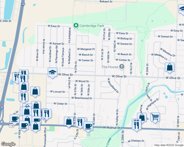 map of restaurants, bars, coffee shops, grocery stores, and more near 3402 West Hemlock Street in Rogers