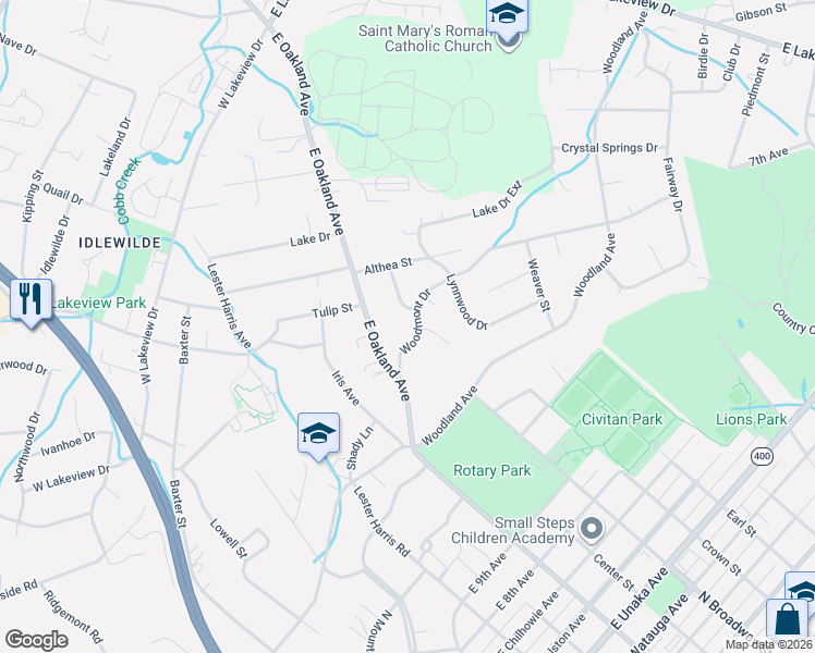 map of restaurants, bars, coffee shops, grocery stores, and more near 1107 Woodmont Drive in Johnson City