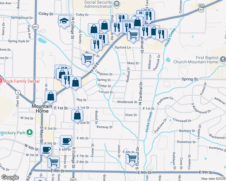 map of restaurants, bars, coffee shops, grocery stores, and more near 807 Locust Street in Mountain Home
