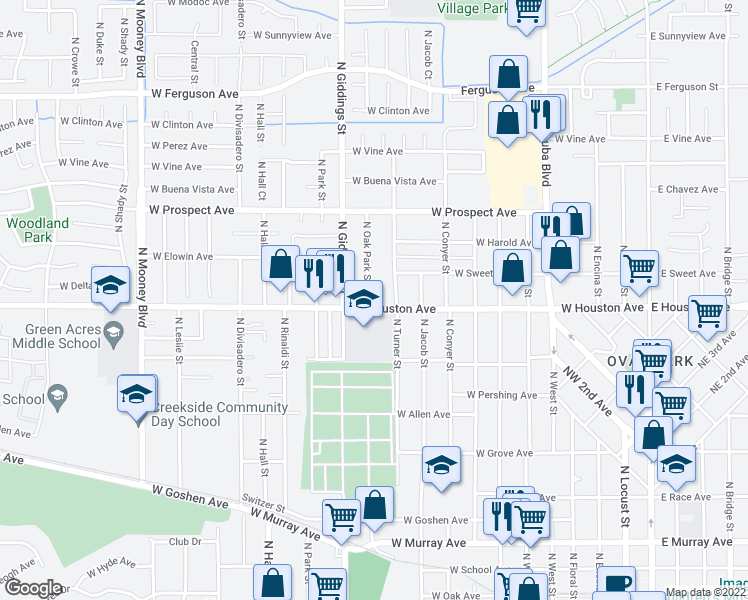 map of restaurants, bars, coffee shops, grocery stores, and more near 1404 North Oak Park Street in Visalia