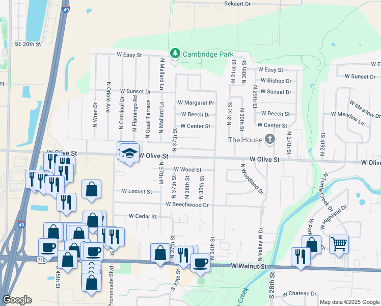 map of restaurants, bars, coffee shops, grocery stores, and more near 3506 West Hemlock Street in Rogers