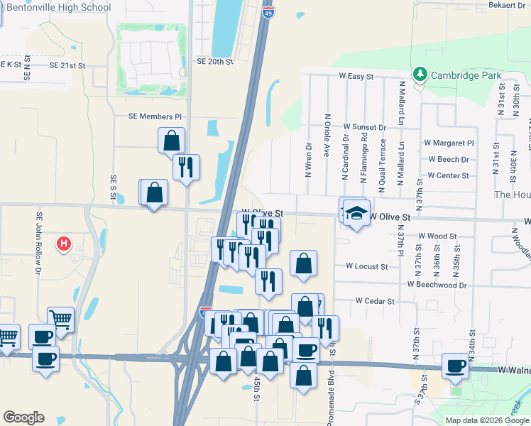 map of restaurants, bars, coffee shops, grocery stores, and more near 4408 West Olive Street in Rogers