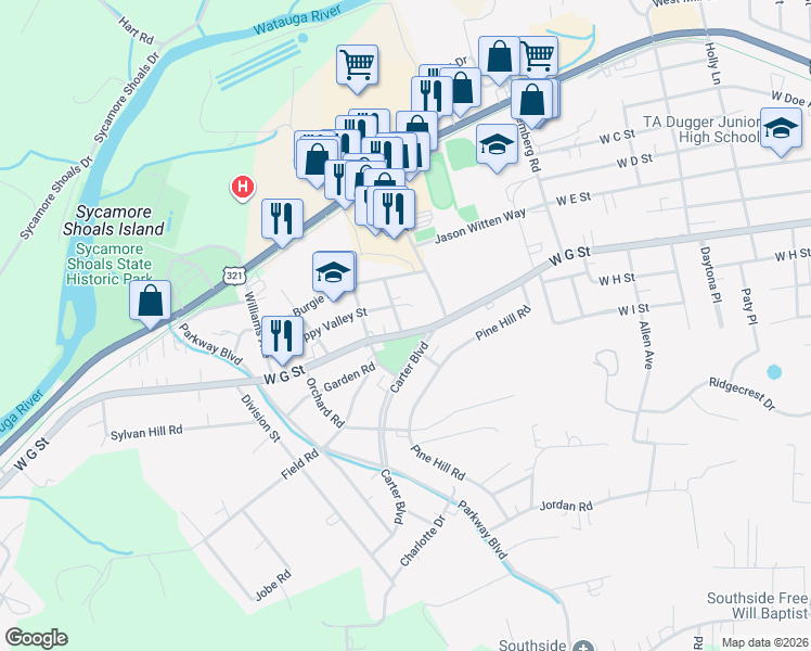 map of restaurants, bars, coffee shops, grocery stores, and more near 207 Donna Avenue in Elizabethton