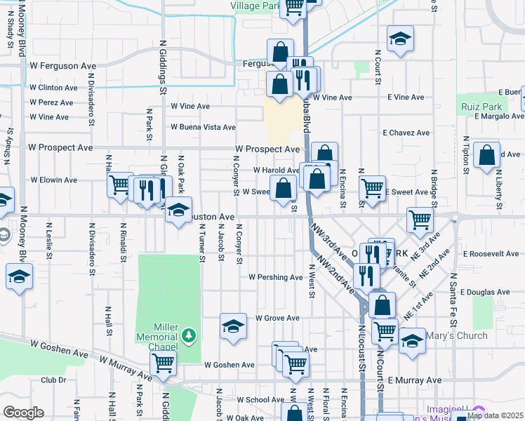 map of restaurants, bars, coffee shops, grocery stores, and more near 726 West Houston Avenue in Visalia