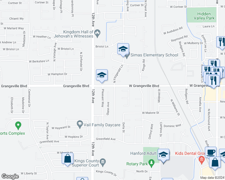 map of restaurants, bars, coffee shops, grocery stores, and more near 1644 Fitzgerald Lane in Hanford