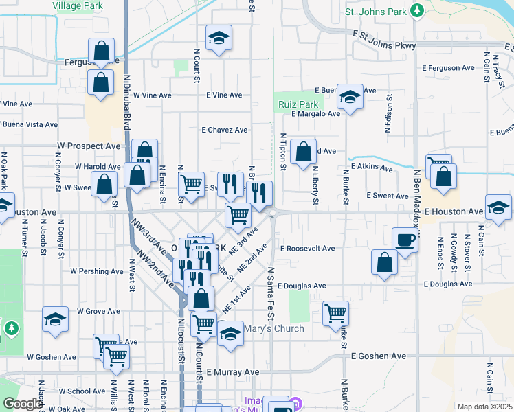 map of restaurants, bars, coffee shops, grocery stores, and more near 1424 North Bridge Street in Visalia
