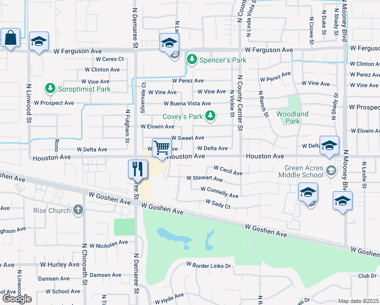 map of restaurants, bars, coffee shops, grocery stores, and more near 1409 North Mendonca Street in Visalia