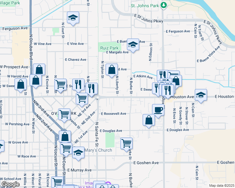 map of restaurants, bars, coffee shops, grocery stores, and more near 746 East Houston Avenue in Visalia