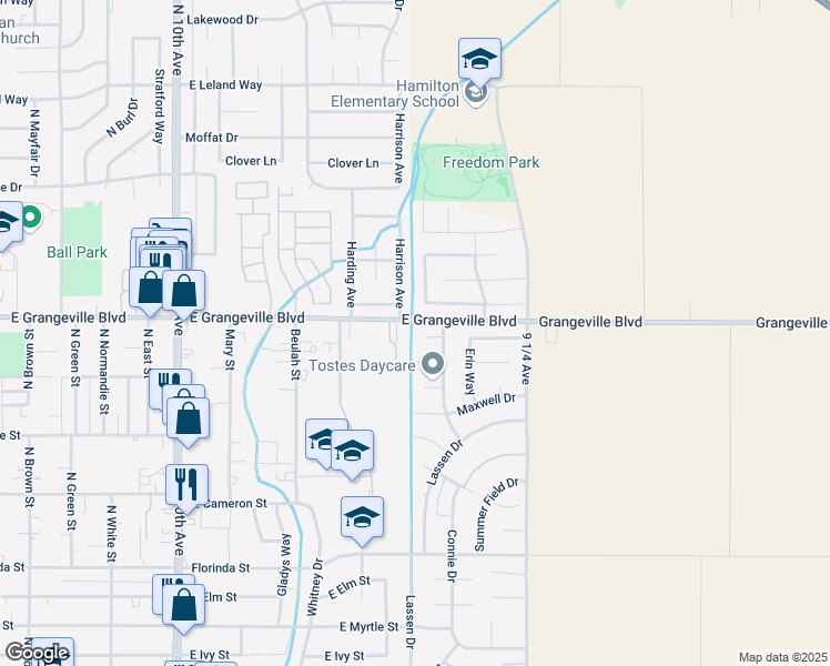 map of restaurants, bars, coffee shops, grocery stores, and more near 1105 Levich Circle in Hanford