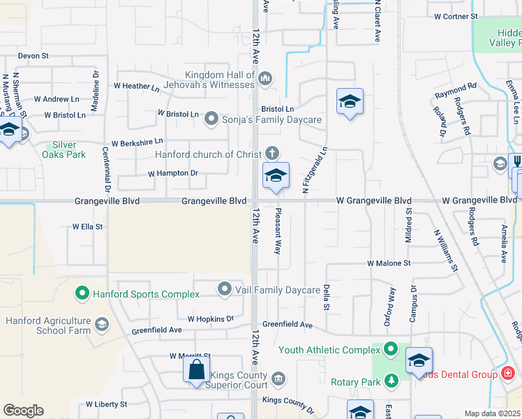 map of restaurants, bars, coffee shops, grocery stores, and more near 9028-9198 12th Ave in Hanford