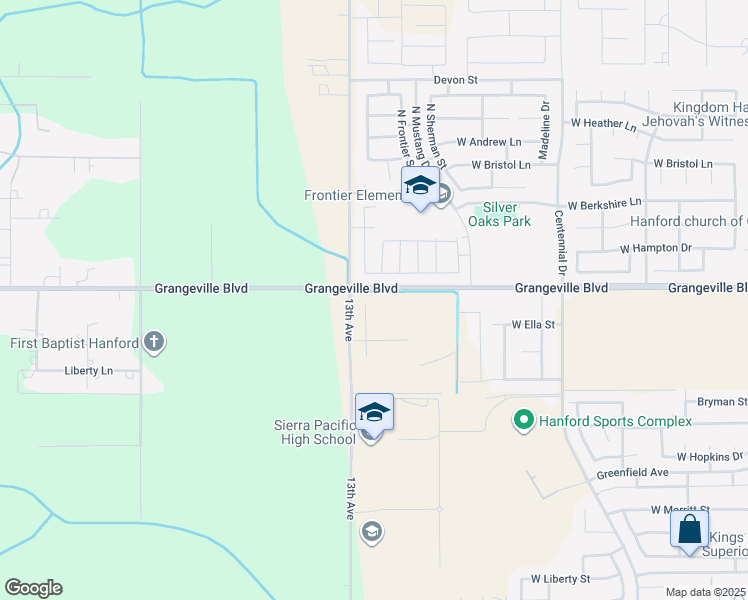 map of restaurants, bars, coffee shops, grocery stores, and more near 12819 Grangeville Boulevard in Hanford