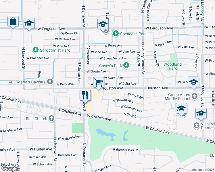 map of restaurants, bars, coffee shops, grocery stores, and more near 3431 West Delta Avenue in Visalia