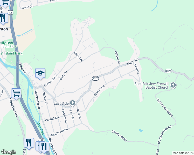 map of restaurants, bars, coffee shops, grocery stores, and more near 1644 Siam Road in Elizabethton