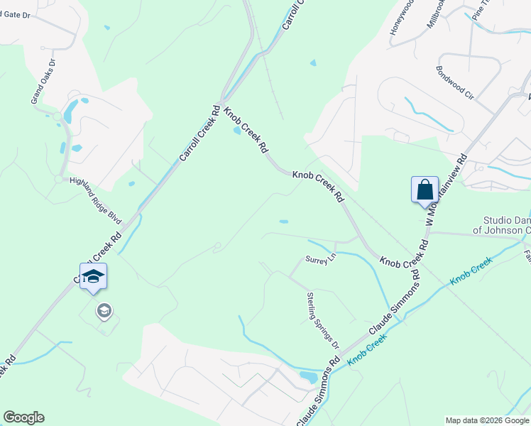 map of restaurants, bars, coffee shops, grocery stores, and more near 131 Simmons Ridge in Johnson City