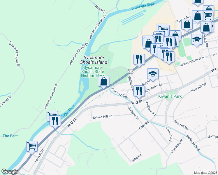 map of restaurants, bars, coffee shops, grocery stores, and more near 1700 West Elk Avenue in Elizabethton