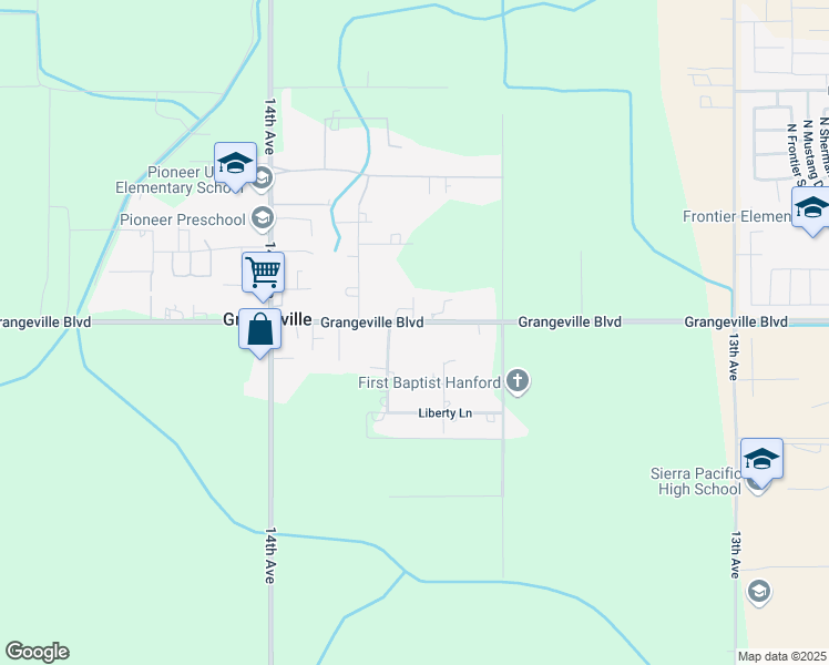map of restaurants, bars, coffee shops, grocery stores, and more near 13659 Grangeville Boulevard in Hanford