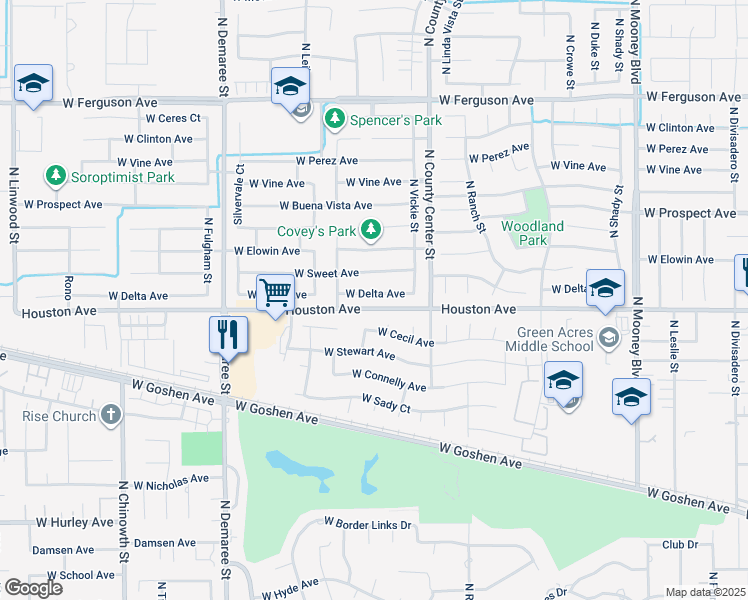 map of restaurants, bars, coffee shops, grocery stores, and more near 3105 West Delta Avenue in Visalia