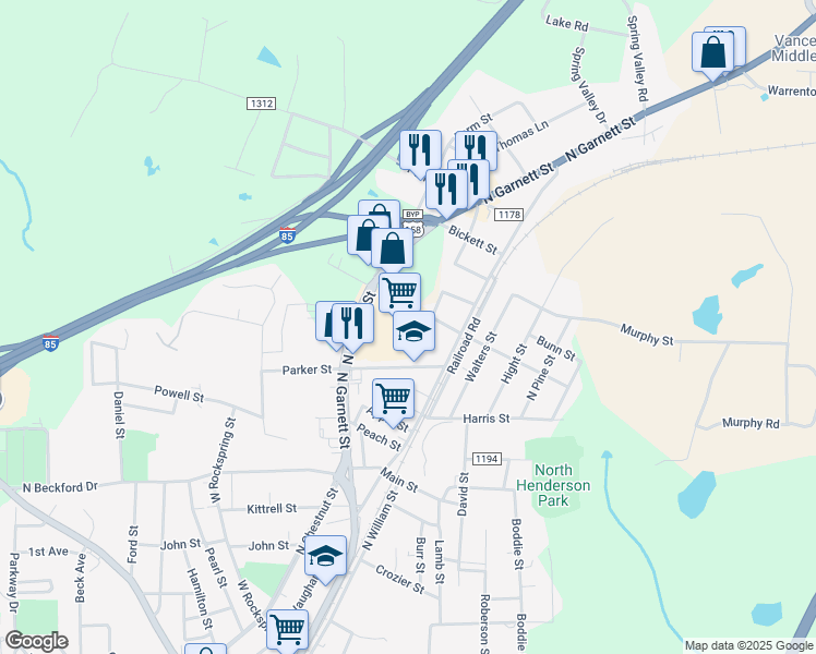 map of restaurants, bars, coffee shops, grocery stores, and more near 1650 North Garnett Street in Henderson
