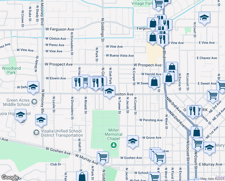 map of restaurants, bars, coffee shops, grocery stores, and more near 1414 North Oak Park Street in Visalia