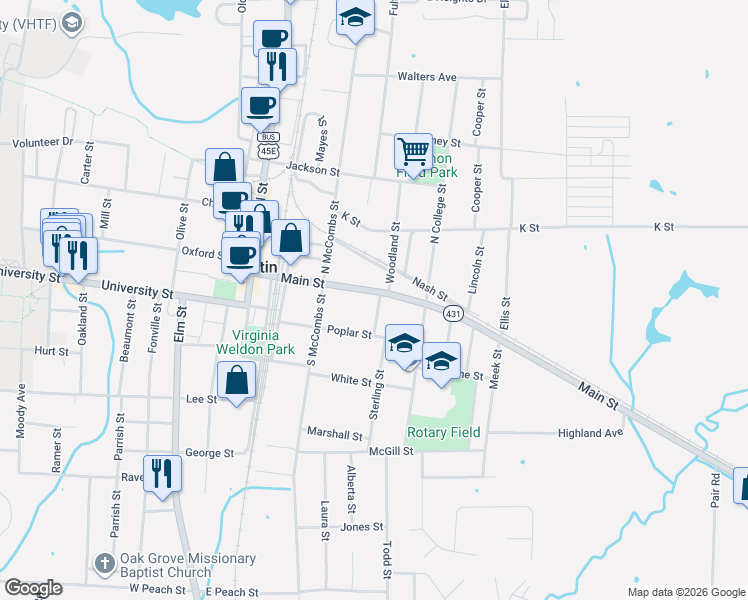 map of restaurants, bars, coffee shops, grocery stores, and more near 108 Royal Street in Martin