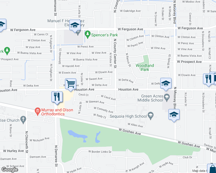 map of restaurants, bars, coffee shops, grocery stores, and more near 2949 West Delta Avenue in Visalia