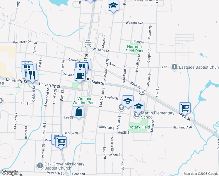 map of restaurants, bars, coffee shops, grocery stores, and more near 212 Poplar Street in Martin