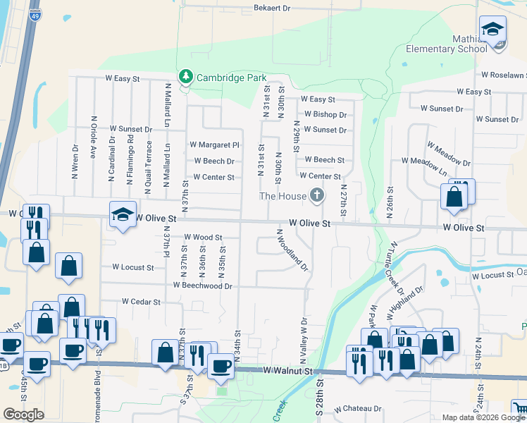 map of restaurants, bars, coffee shops, grocery stores, and more near 3105 West Olive Street in Rogers