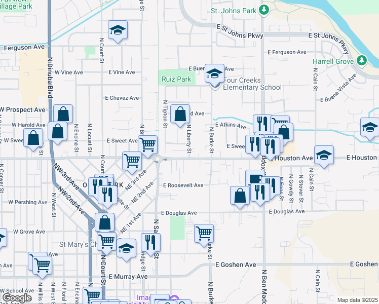 map of restaurants, bars, coffee shops, grocery stores, and more near 746 East Houston Avenue in Visalia